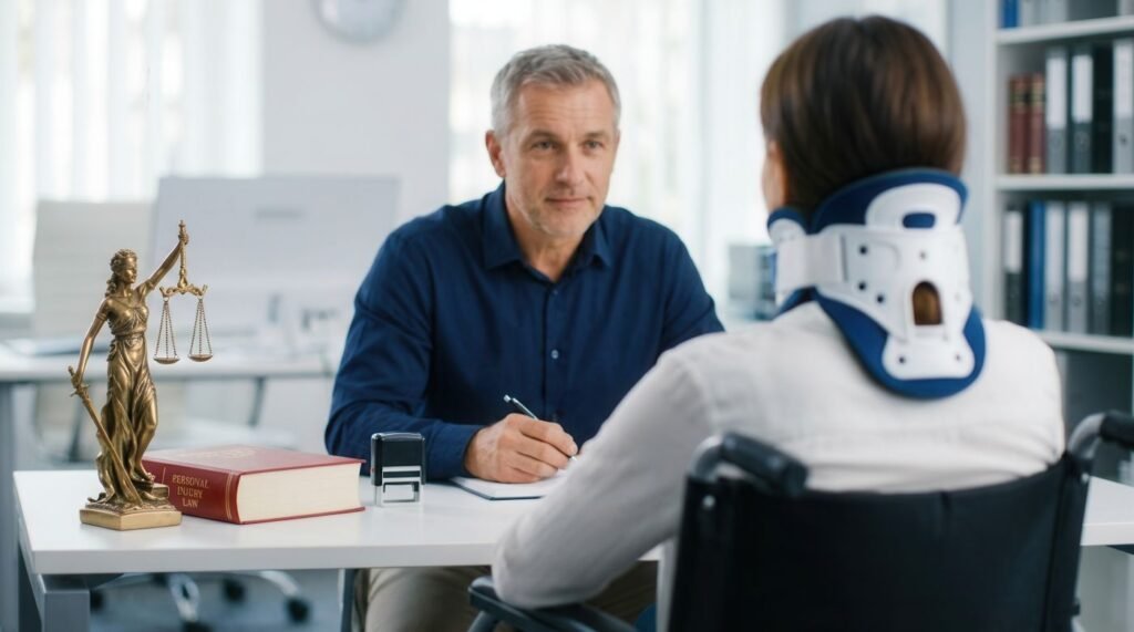 A client in a wheelchair wearing a neck brace consulting with a Catastrophic Injury Lawyer in a law office.