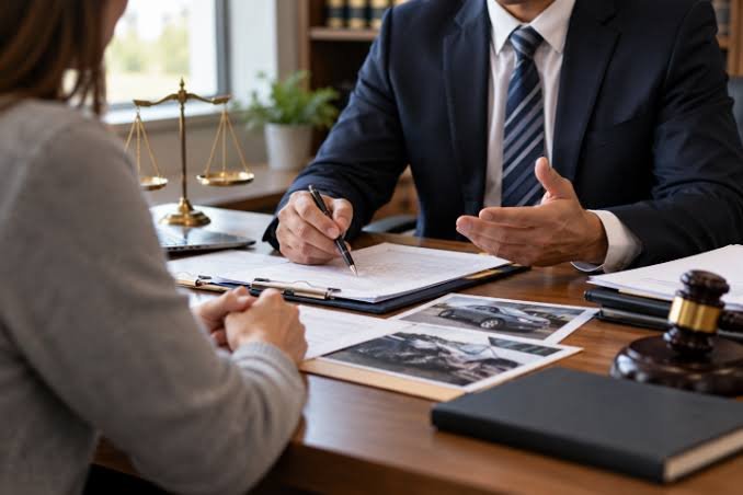Serious Injury Attorney reviewing accident photos and legal documents during a consultation with a client.