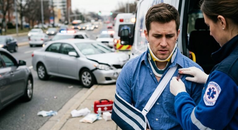 A paramedic attends to a motorist wearing a neck brace and an arm sling at the scene of a multi-car collision, highlighting a situation where victims benefit from contacting an experienced Auto Accident Injury Attorney.