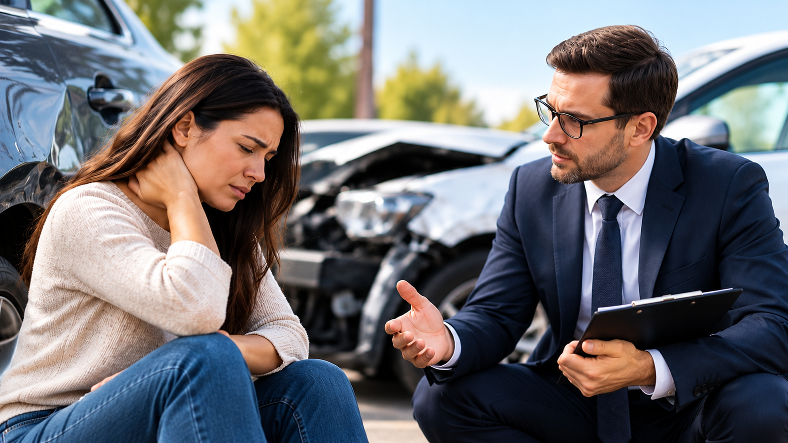 A concerned attorney in a suit kneels to speak with an injured woman holding her neck next to damaged vehicles after a collision, providing immediate guidance as an Auto Accident Injury Lawyer.