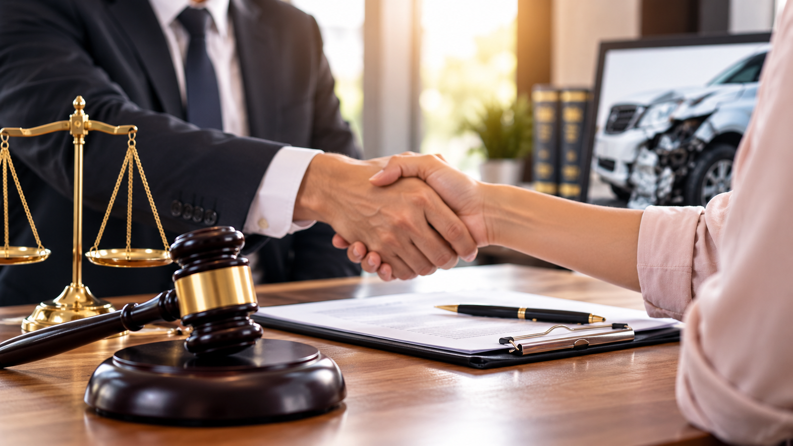 A lawyer and a client shake hands across a desk featuring a wooden gavel, a scale of justice, and a photo of a damaged car in the background, finalizing an agreement with an expert Auto Accident Injury Lawyer.