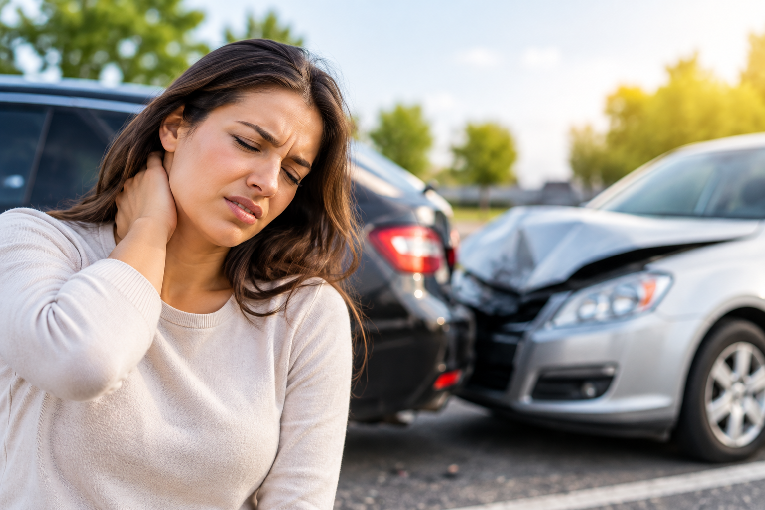 A distressed woman holding her neck in pain stands near two cars involved in a rear-end collision, representing a situation requiring guidance from an experienced Auto Accident Injury Lawyer.