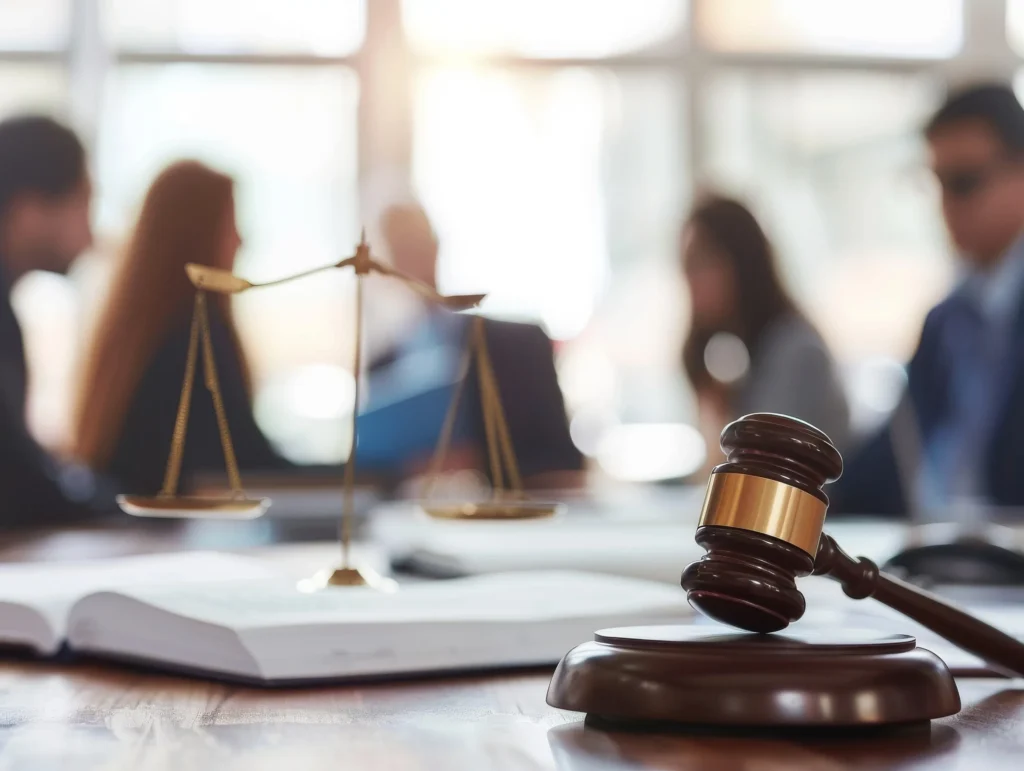 A wooden judge's gavel rests next to an open legal book and scales of justice, representing the legal representation available when dealing with injury compensation after a Car Accident Hollywood Florida.