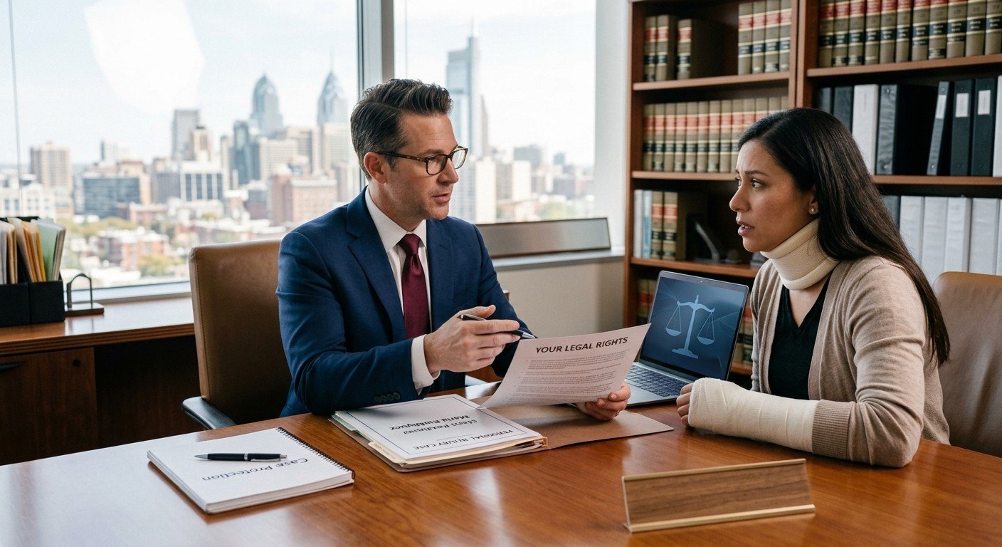 An attorney discusses legal rights and paperwork in a high-rise office with a client wearing a neck brace and arm sling, illustrating an initial consultation with a Personal Injury Case Lawyer.