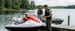 A marine patrol officer taking notes on a clipboard near a damaged personal watercraft docked by a lake, key evidence used by a jet ski accident lawyer when building a personal injury claim.