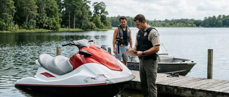 A marine patrol officer taking notes on a clipboard near a damaged personal watercraft docked by a lake, key evidence used by a jet ski accident lawyer when building a personal injury claim.