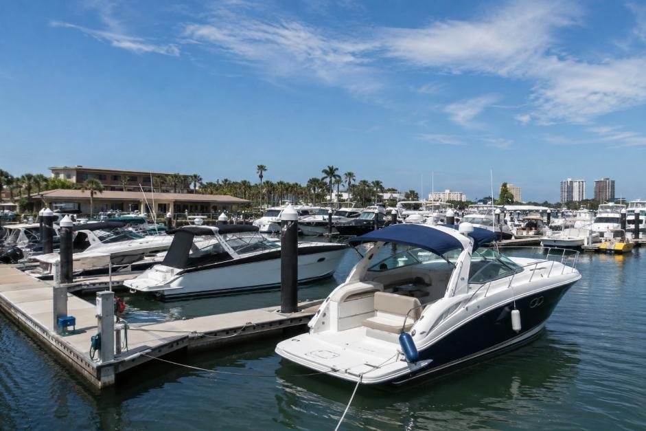 Boats and watercraft docked at a coastal marina under a bright blue sky, representing maritime activities that may involve consultation with a jet ski accident lawyer.